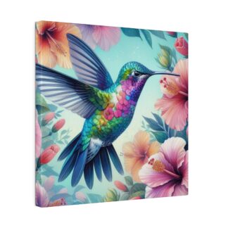 Title: Vibrant Hummingbird & Hibiscus Flowers Stretched Matte Canvas - Eco-Friendly Wall Art in 10"x10" Size