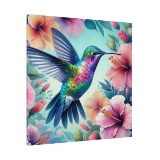 Vibrant Hummingbird & Hibiscus Flowers Stretched Matte Canvas - Eco-Friendly Wall Art in 20"x20" Size
